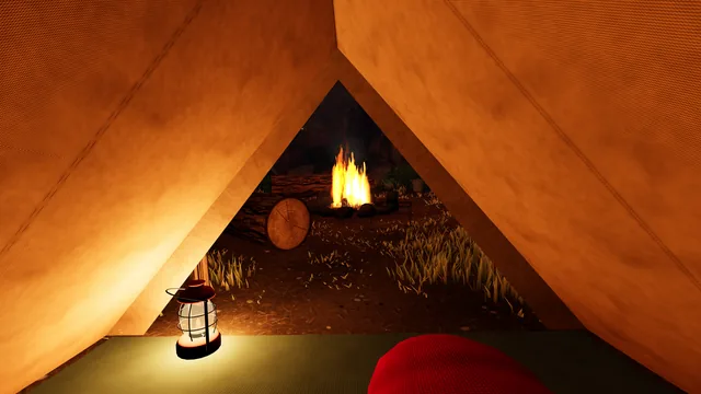 Looking out of the tent at the fire.